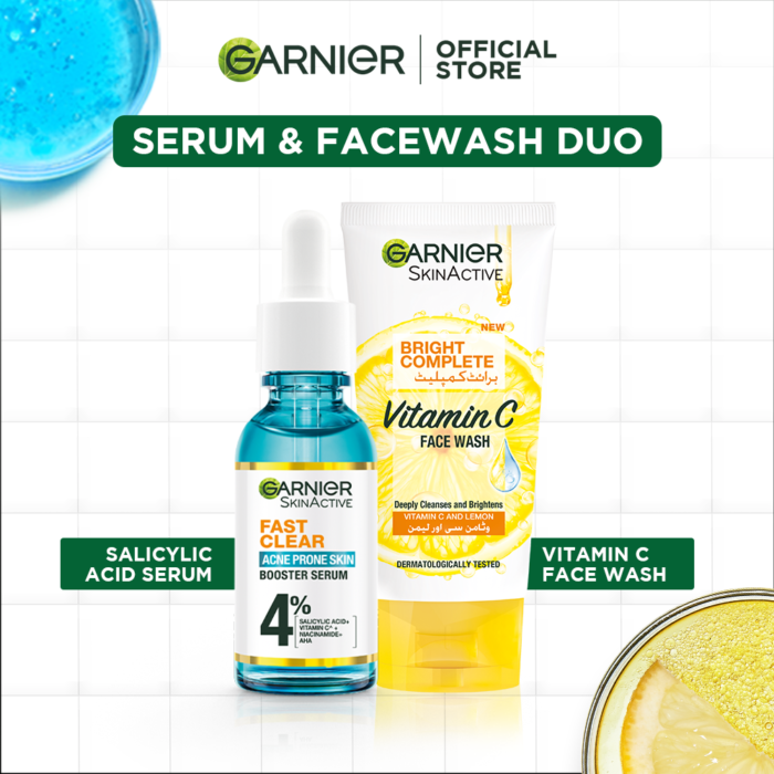 Fast Clear Serum For Acne Prone Skin - 30ml + Garnier skin active bright complete face wash 100ml - for brighter skin